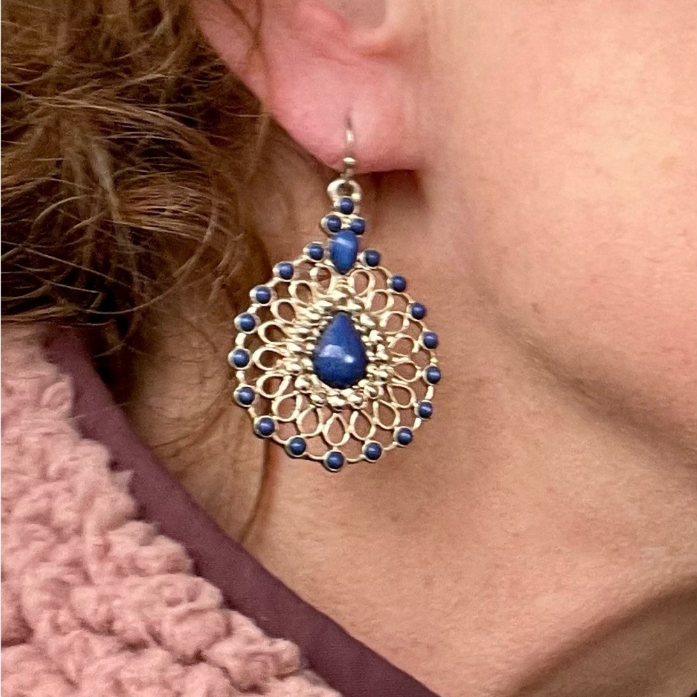Vintage Lapis Lazuli Gold Drop Earrings - Picture 3 of 5
